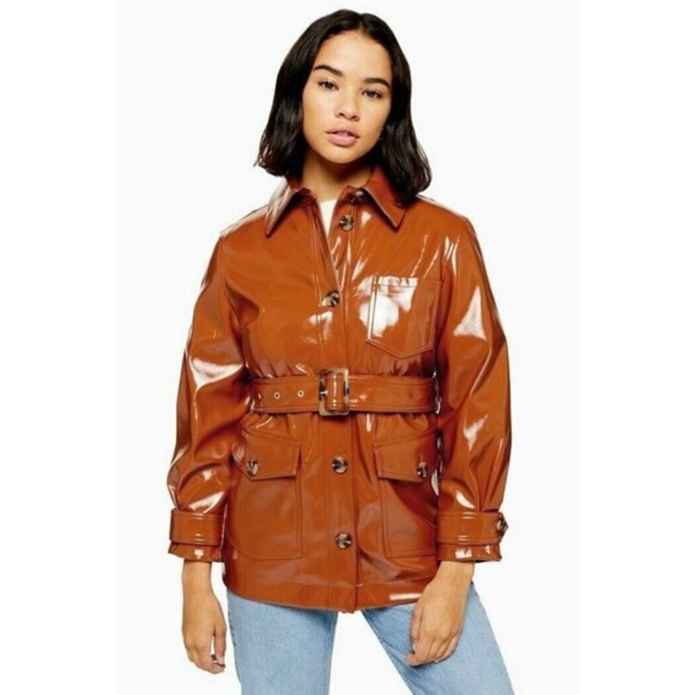 TOPSHOP Jacket Brown Patent Belted Coat High Gloss Vinyl Sz 12 US NEW